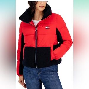 Tommy Hilfiger Women's Sportswear Nylon Sherpa Puffer Jacket, Scarlet, small